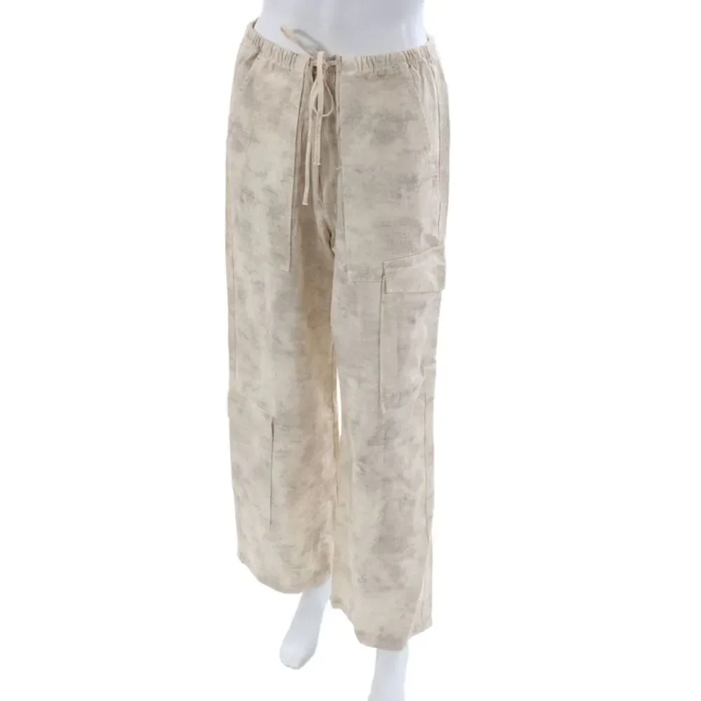 Zara Women Cargo Beige Linen Tie Dye Drawstring Pants Size M
